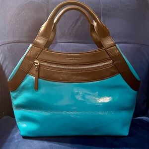 Kate Spade turquoise/teal patent leather bag with dark brown accents and straps
